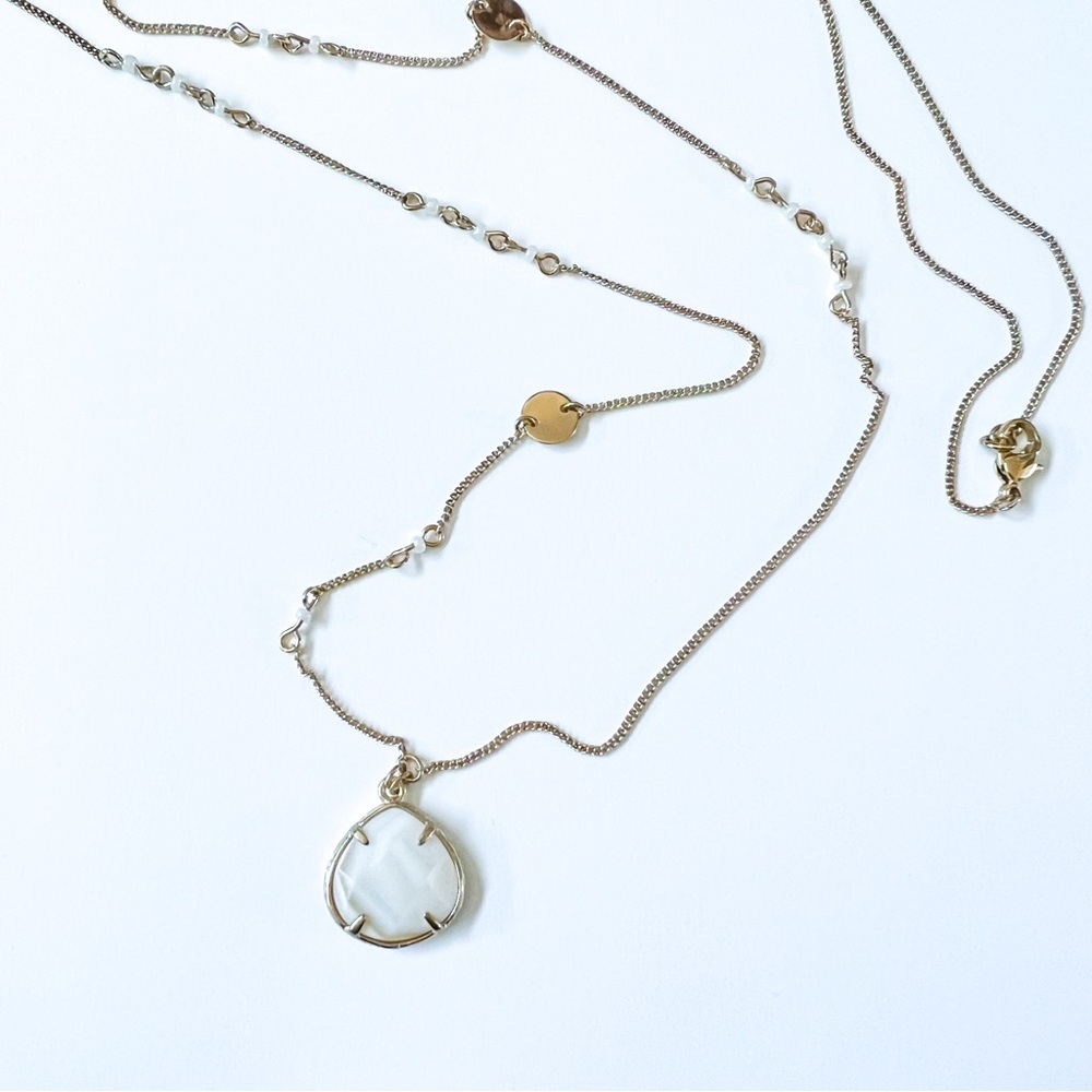 Long Necklace with White Stone Pendant and Gold Color Chain